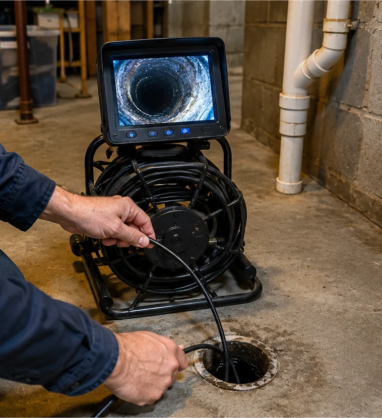 Sewer scope inspection camera reel and monitor feeding into a basement cleanout — Hastings, MN