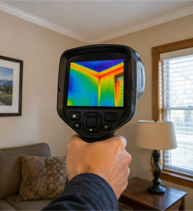 Infrared thermal imaging camera showing a heat-map of an interior wall during a Hastings home inspection